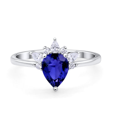 Art Deco Engagement Ring Pear Simulated Blue Sapphire CZ 925 Sterling Silver